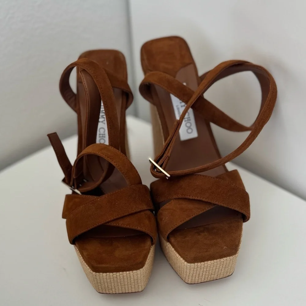 NWT JIMMY CHOO SUEDE GAIA PLATFORM SANDALS WITH RAFIA HEEL 14CM